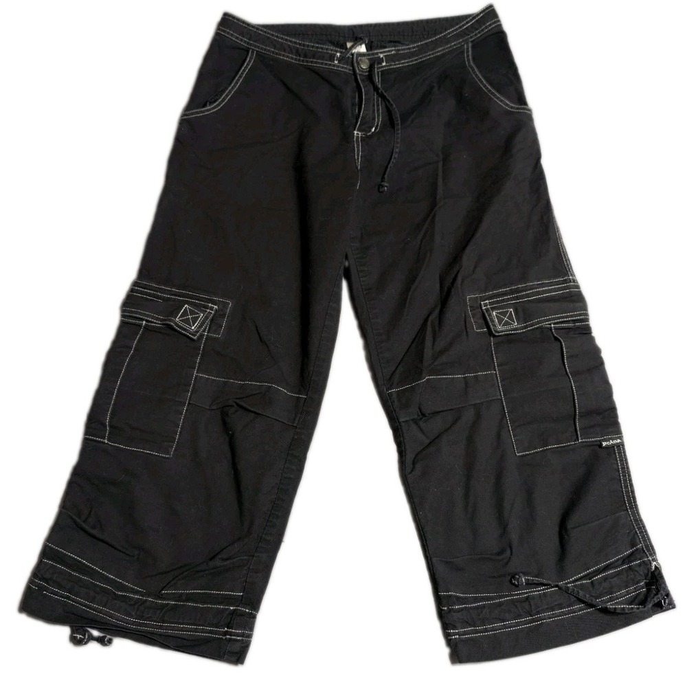 prAna Womens M Black Cargo Capri Pants Y2K Contrast Stitch Drawstring Outdoor